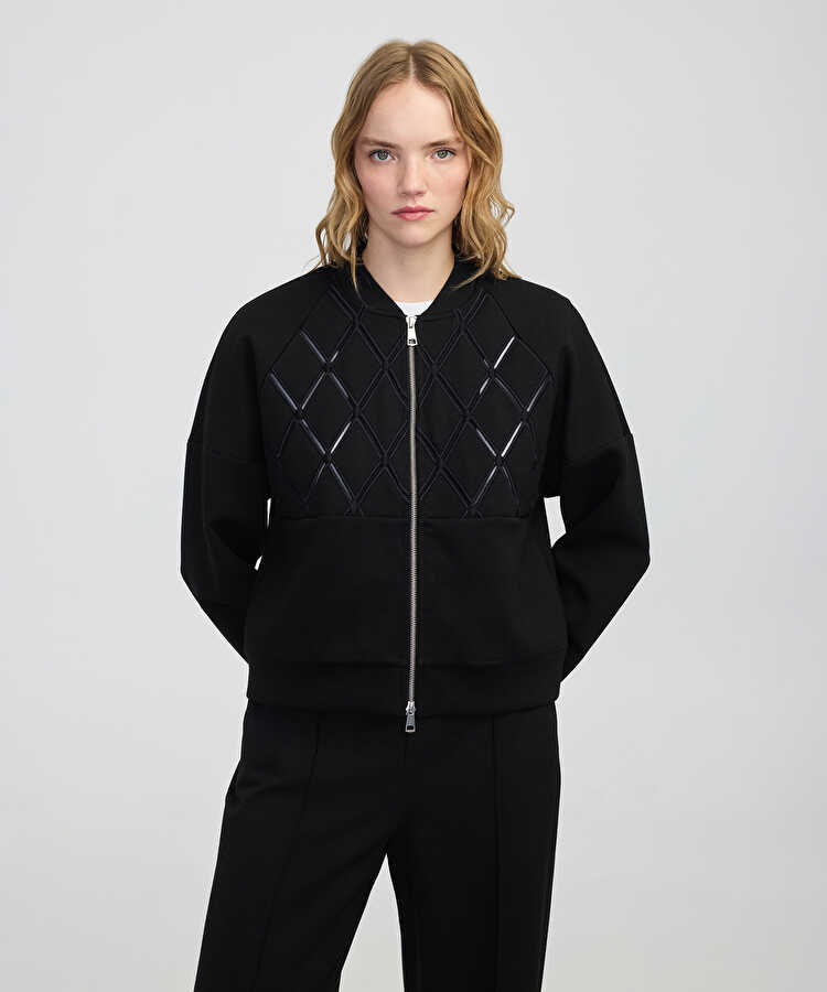 Nakışlı fermuarlı sweatshirt - IW6250091052001 - Siyah Sweatshirt