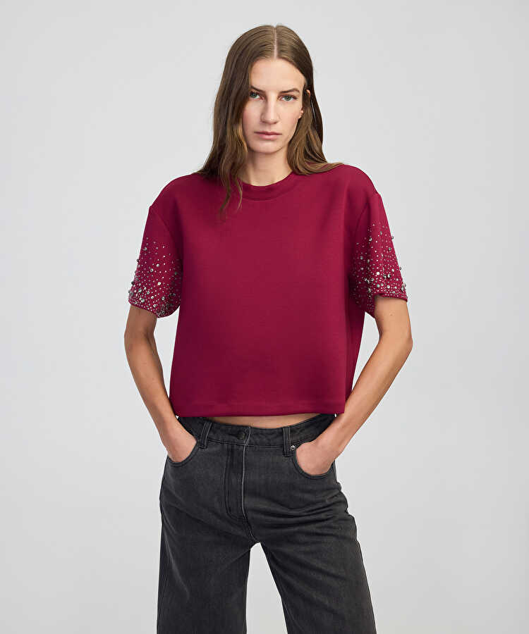 Trok ve hotfix baskılı sweatshirt - IW6250091055175 - Açık Mürdüm Sweatshirt