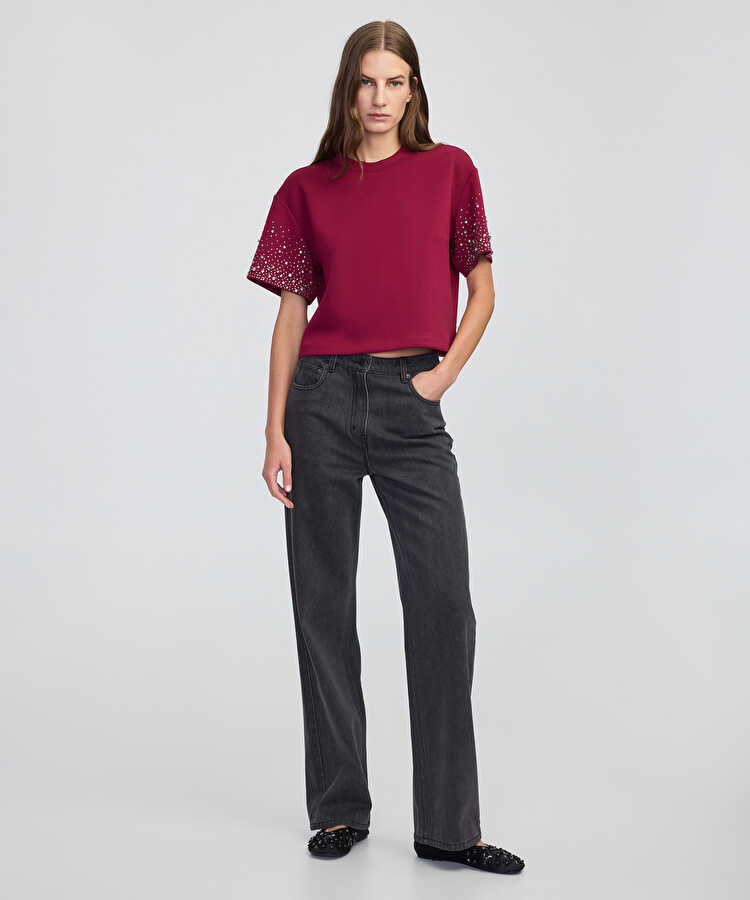Trok ve hotfix baskılı sweatshirt - IW6250091055175 - Açık Mürdüm Sweatshirt