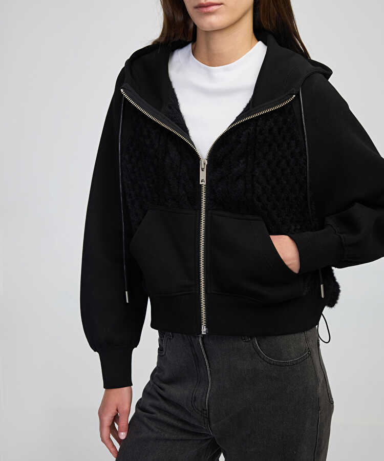 Kumaş mix ayarlanabilir bel sweatshirt  - IW6250091060001 - Siyah Sweatshirt