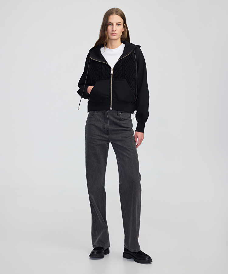 Kumaş mix ayarlanabilir bel sweatshirt  - IW6250091060001 - Siyah Sweatshirt