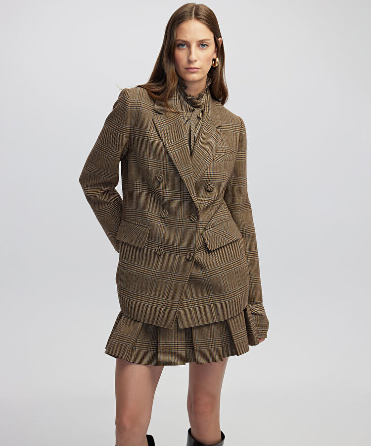 Broş aksesuarlı ekose desen blazer  - IW6250106016156 - Sütlü Kahve Blazer