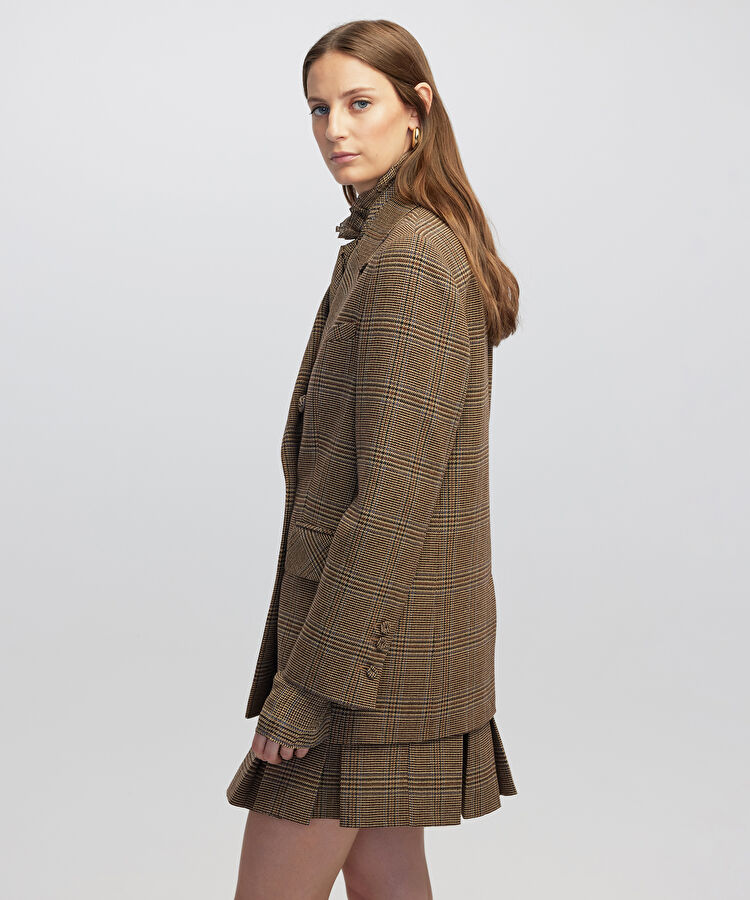 Broş aksesuarlı ekose desen blazer  - IW6250106016156 - Sütlü Kahve Blazer