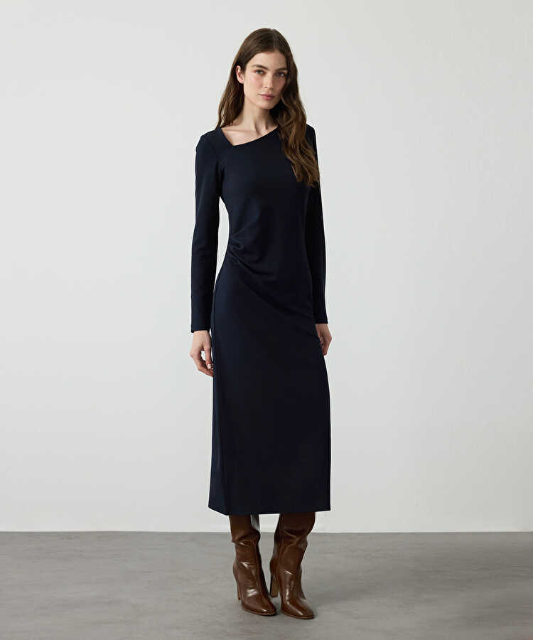 Asimetrik yaka penye elbise - IW6260002106015 - Lacivert Elbise