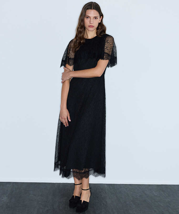 Dantel midi elbise - IW6260002149001 - Siyah Elbise
