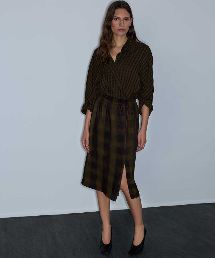 Ekose desen mix elbise - IW6260002170022 - Haki Elbise