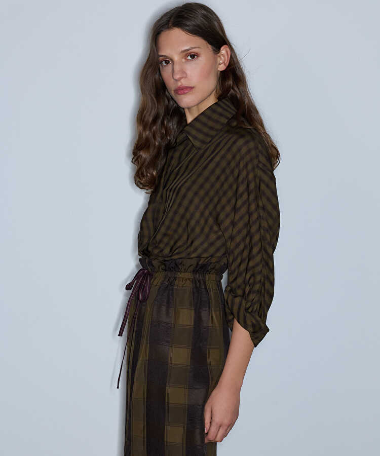 Ekose desen mix elbise - IW6260002170022 - Haki Elbise