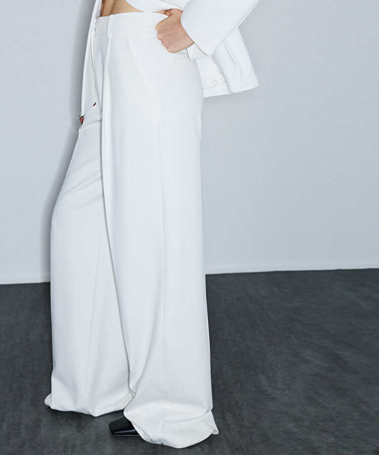Pileli wide leg pantolon - IW6260003137018 - Ekru Pantolon