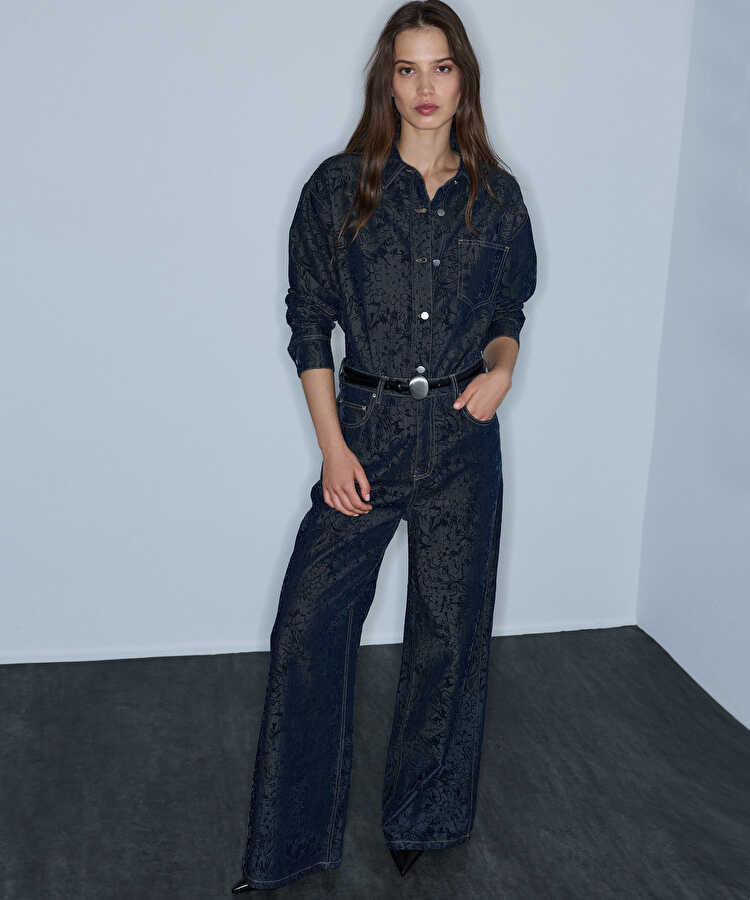 Flok baskılı denim görünümlü pantolon - IW6260003155AC7 - Koyu İndigo Pantolon