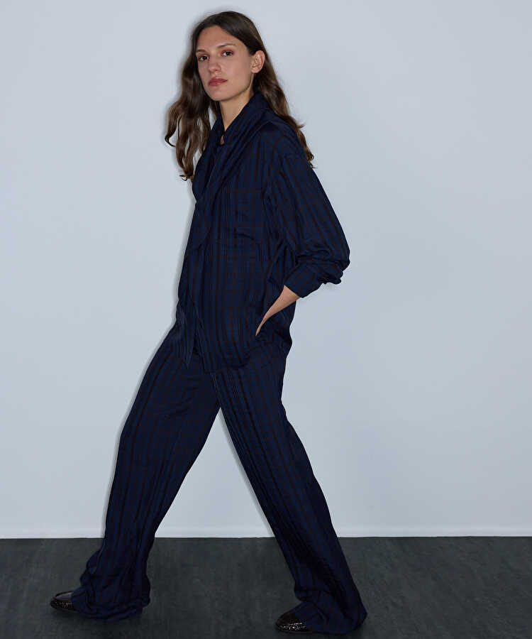 Ekose desen wide leg pantolon - IW6260003156015 - Lacivert Pantolon