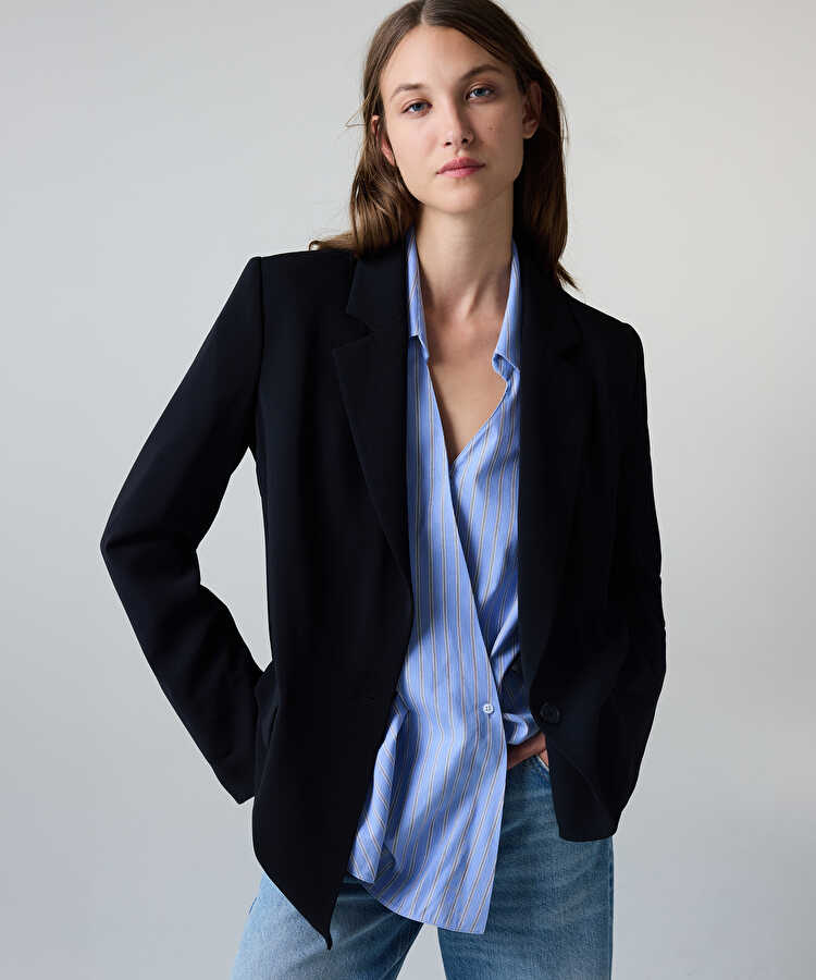 Vatkalı uzun blazer - IW6260005125001 - Siyah Ceket