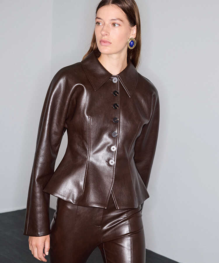 Deri görünümlü peplum ceket - IW6260005140074 - Kahverengi Ceket