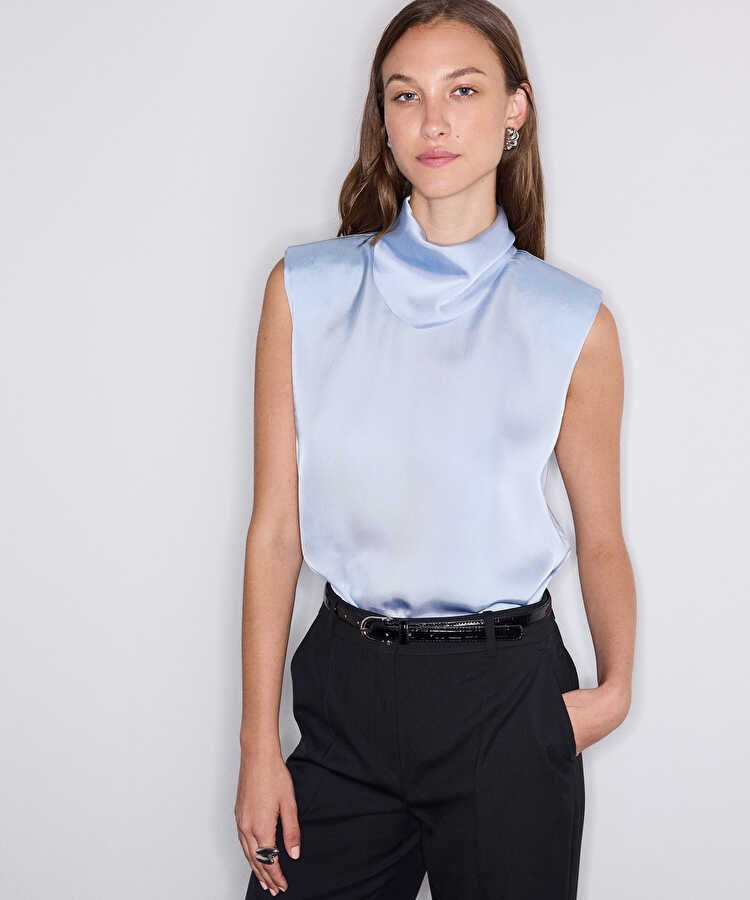 Saten görünümlü vatkalı bluz - IW6260006136028 - Açık Mavi Bluz