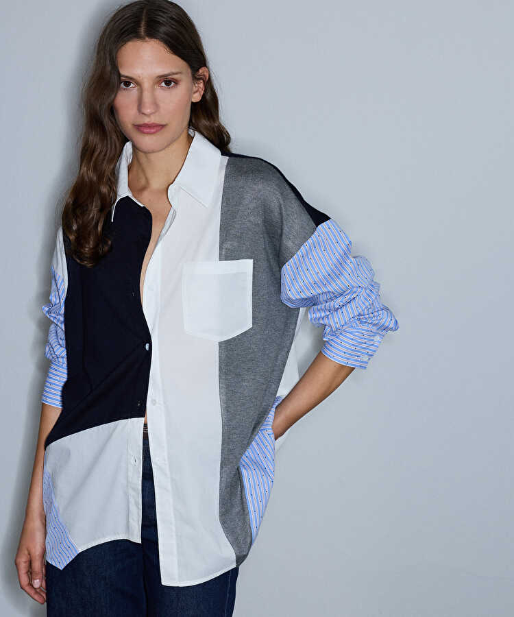 Kumaş mix oversize gömlek - IW6260025140015 - Lacivert GOMLEK