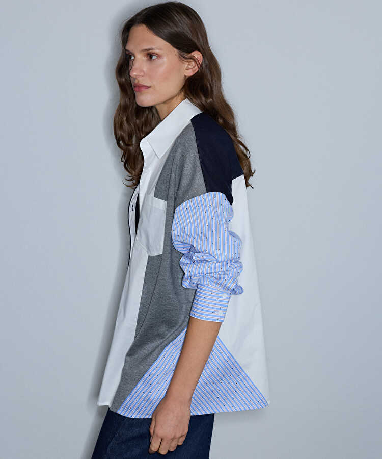 Kumaş mix oversize gömlek - IW6260025140015 - Lacivert GOMLEK