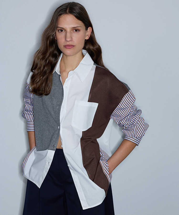 Kumaş mix oversize gömlek - IW6260025140074 - Kahverengi GOMLEK