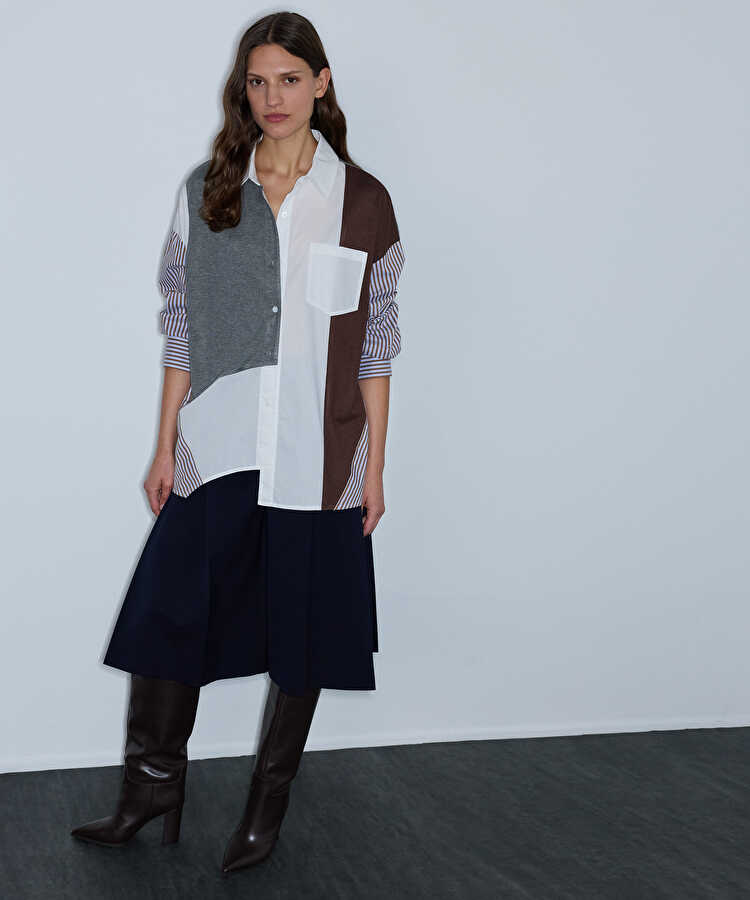 Kumaş mix oversize gömlek - IW6260025140074 - Kahverengi GOMLEK