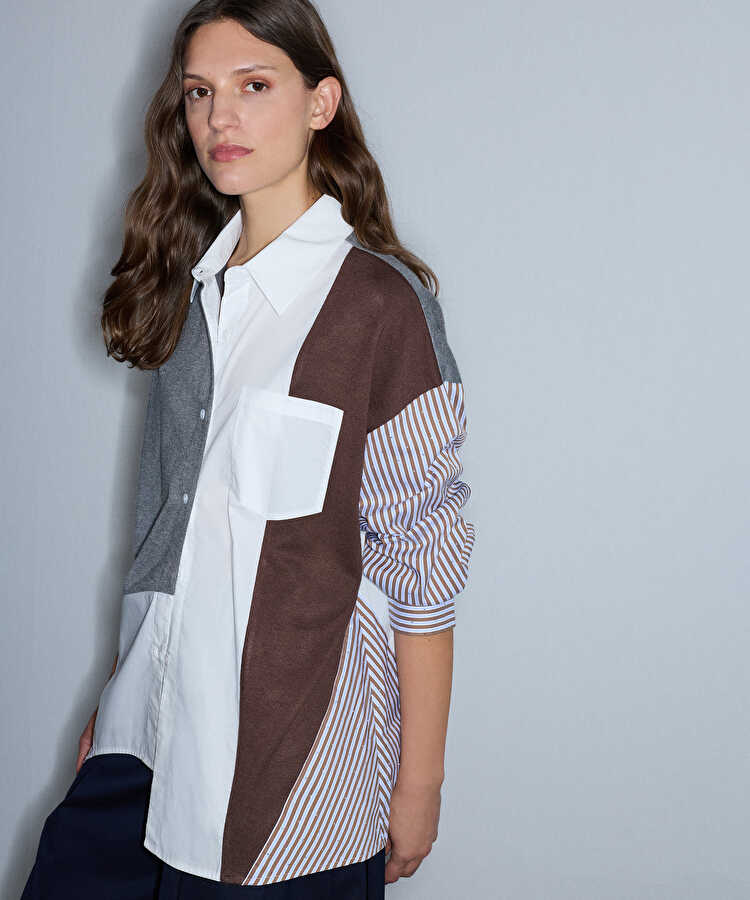Kumaş mix oversize gömlek - IW6260025140074 - Kahverengi GOMLEK