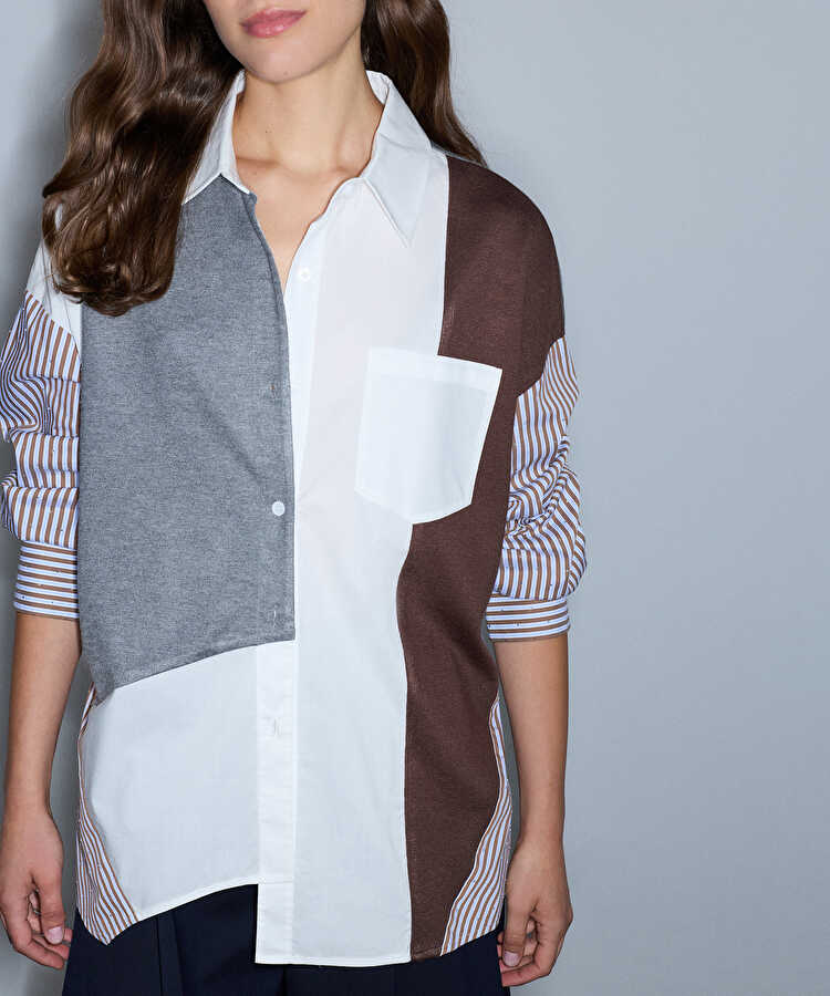 Kumaş mix oversize gömlek - IW6260025140074 - Kahverengi GOMLEK