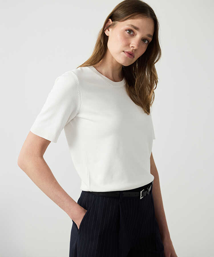 Bisiklet yaka basic triko - IW6260050126018 - Ekru Triko