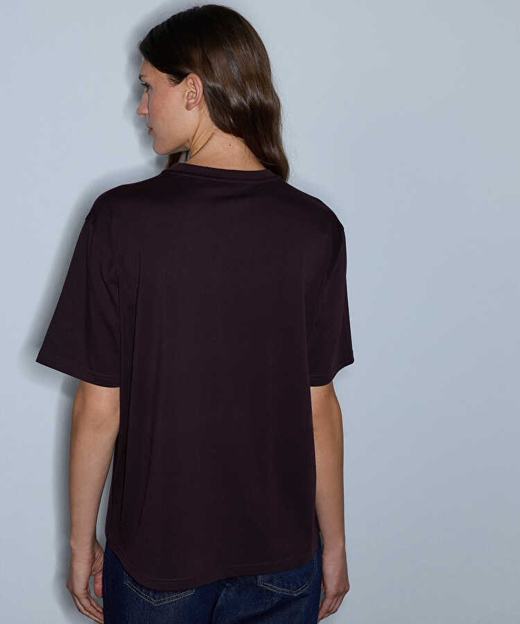 Floral aplikeli tişört  - IW6260070149008 - Mürdüm Tişört