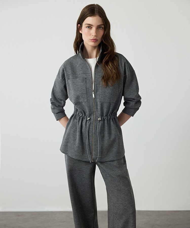Ayarlanabilir bel dik yaka sweatshirt - IW6260091033005 - Gri Sweatshırt
