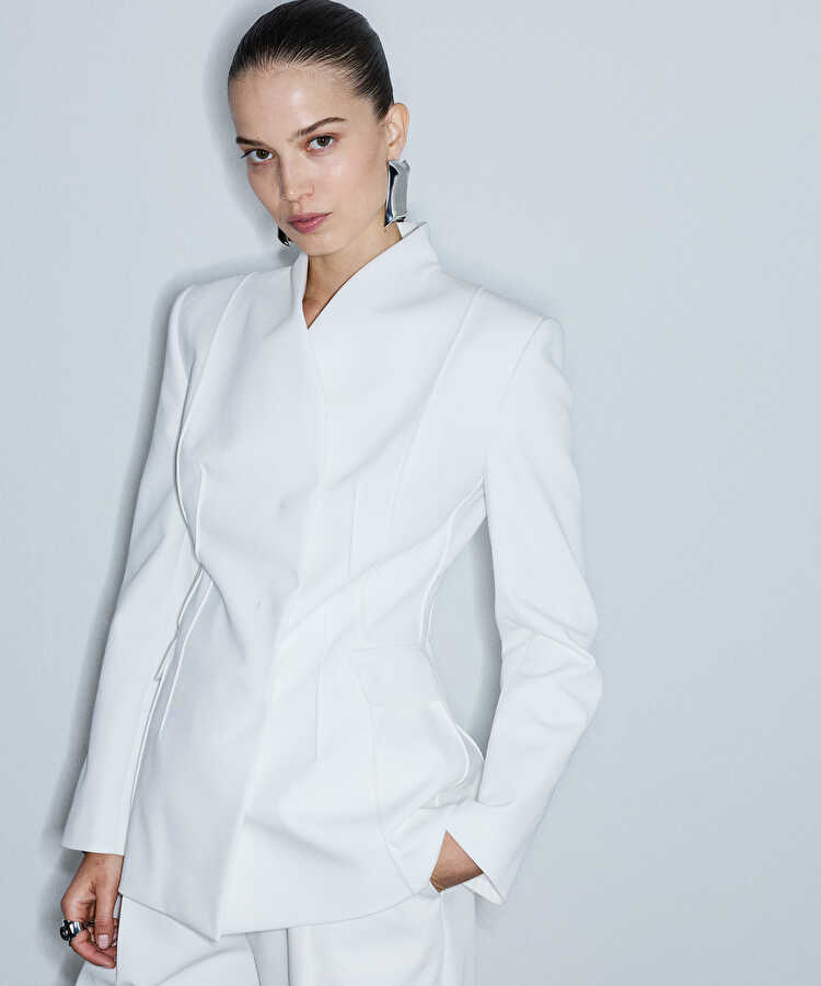 Bel vurgulu nervürlü blazer - IW6260106116018 - Ekru Blazer