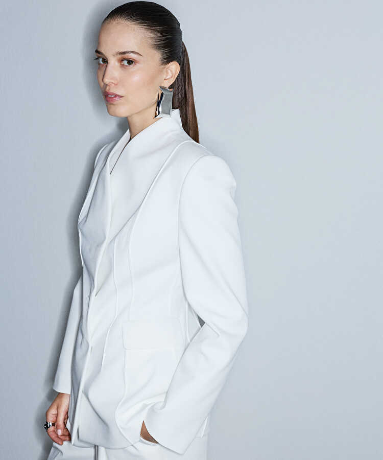 Bel vurgulu nervürlü blazer - IW6260106116018 - Ekru Blazer