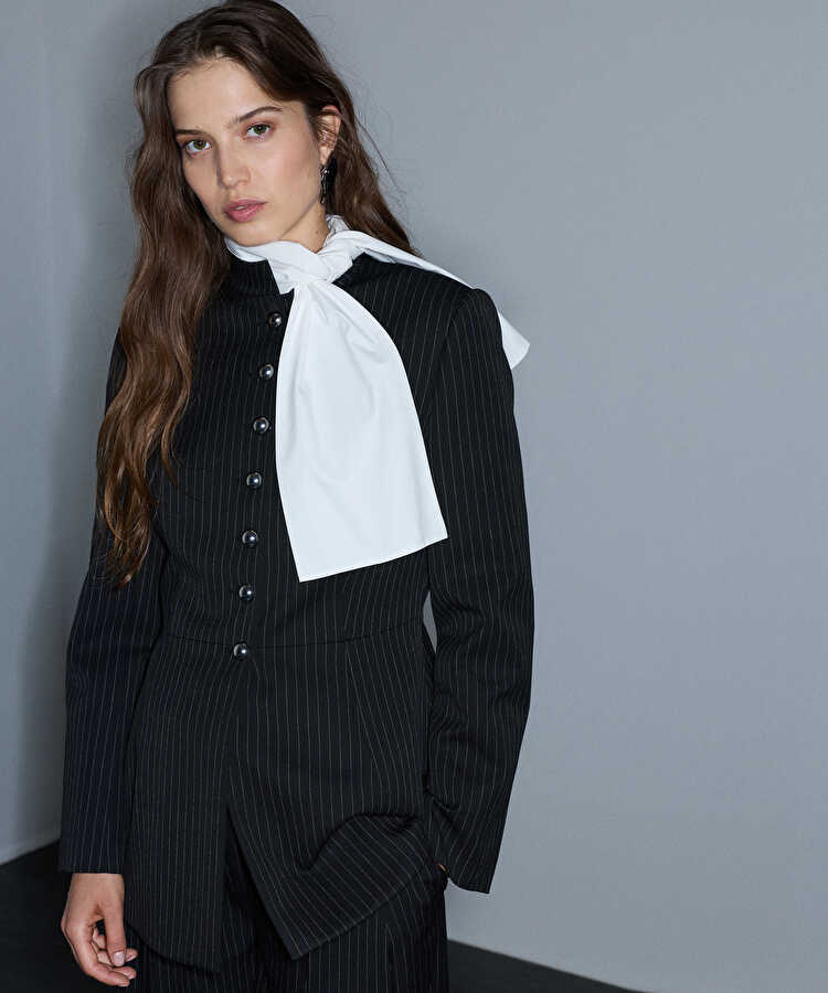 Çizgi desen yüksek yaka blazer - IW6260106122001 - Siyah Blazer