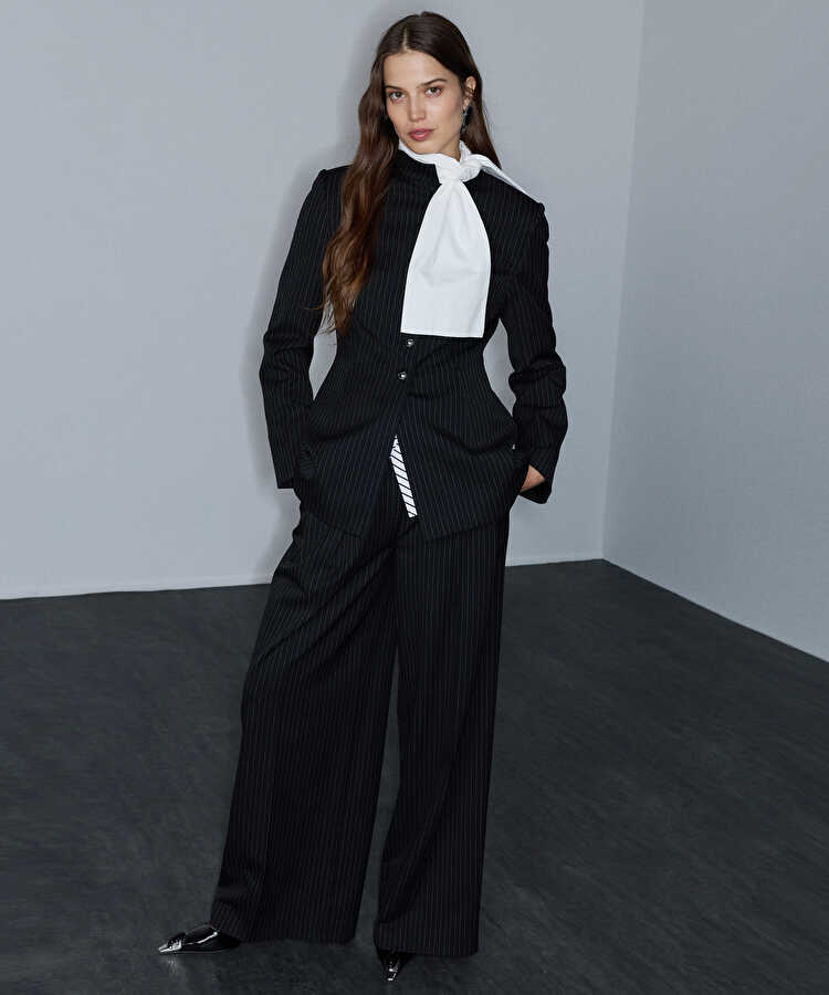 Çizgi desen yüksek yaka blazer - IW6260106122001 - Siyah Blazer