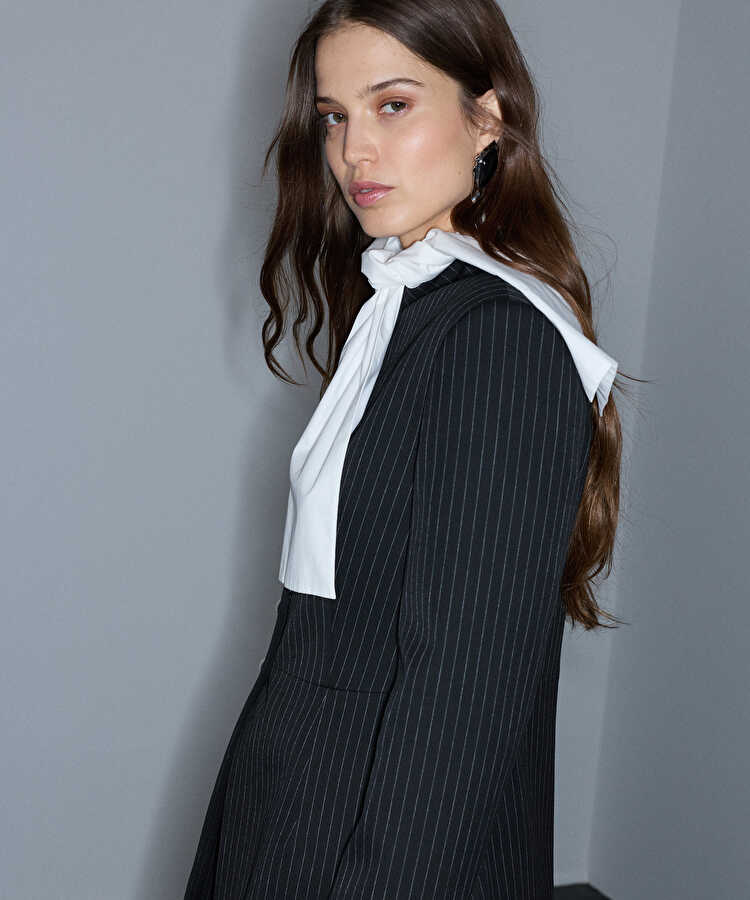 Çizgi desen yüksek yaka blazer - IW6260106122001 - Siyah Blazer
