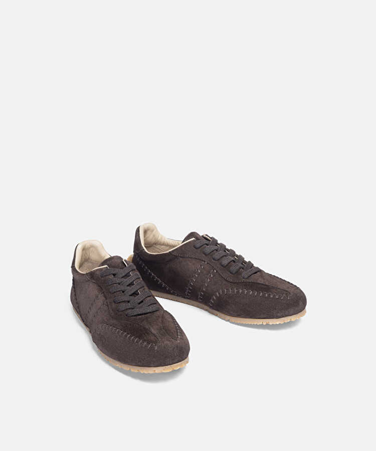 %100 deri süet üst dikişli sneaker - IW6260062005006 - Koyu Kahverengi Sneaker