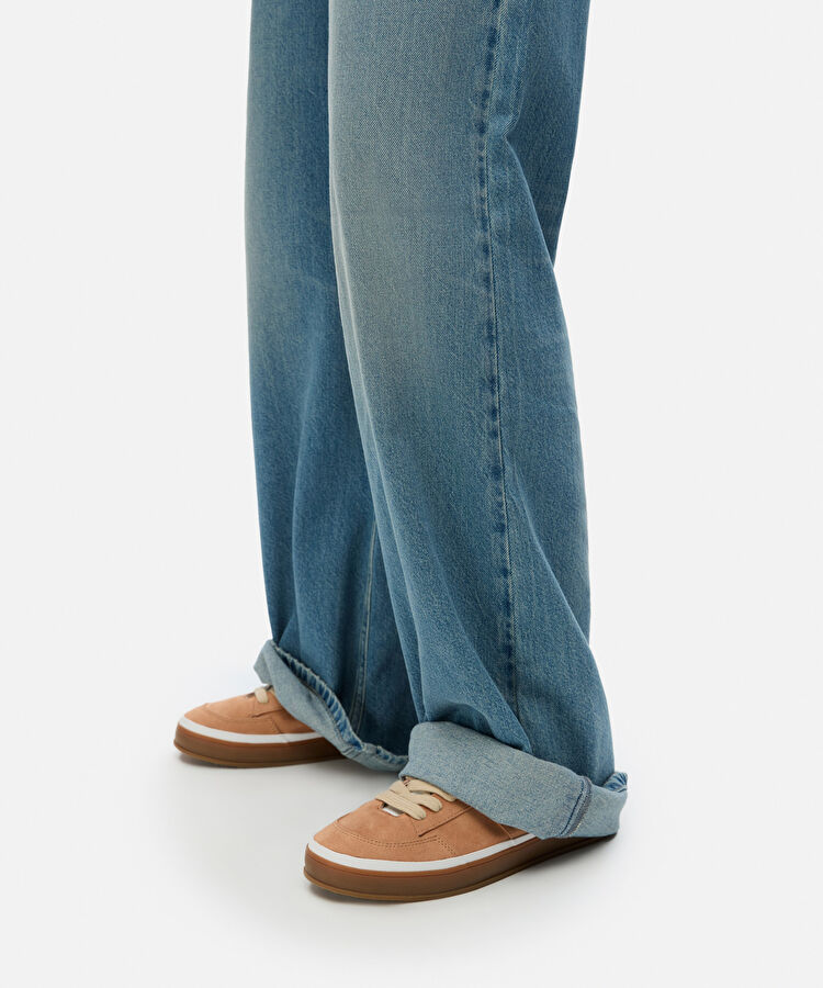 Kontrast dokulu bağcıklı sneaker - IS1250062009074 - Kahverengi Sneaker