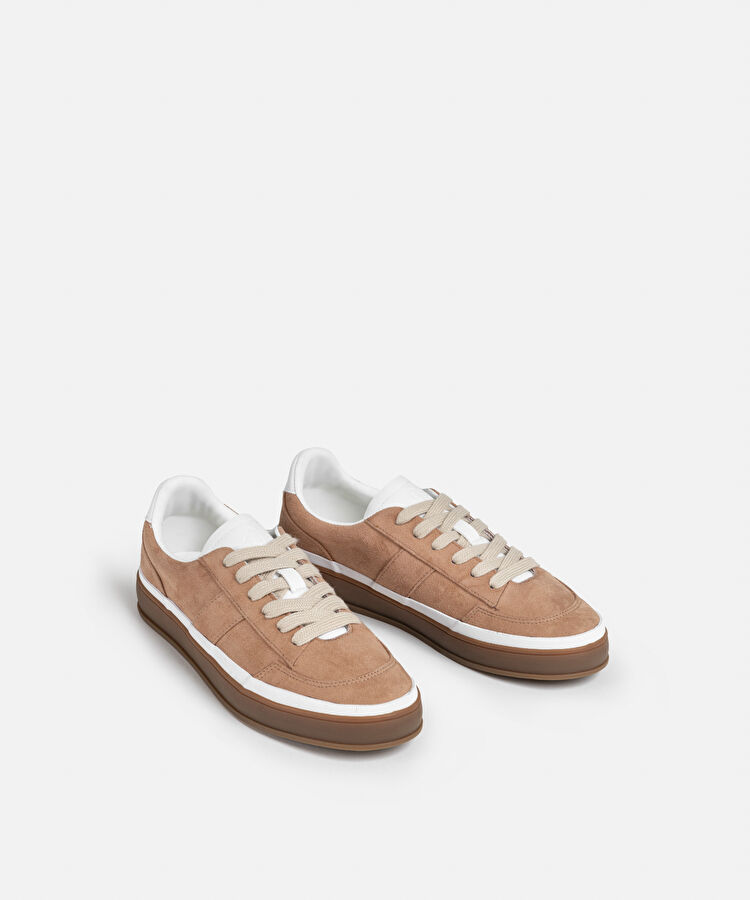 Kontrast dokulu bağcıklı sneaker - IS1250062009074 - Kahverengi Sneaker