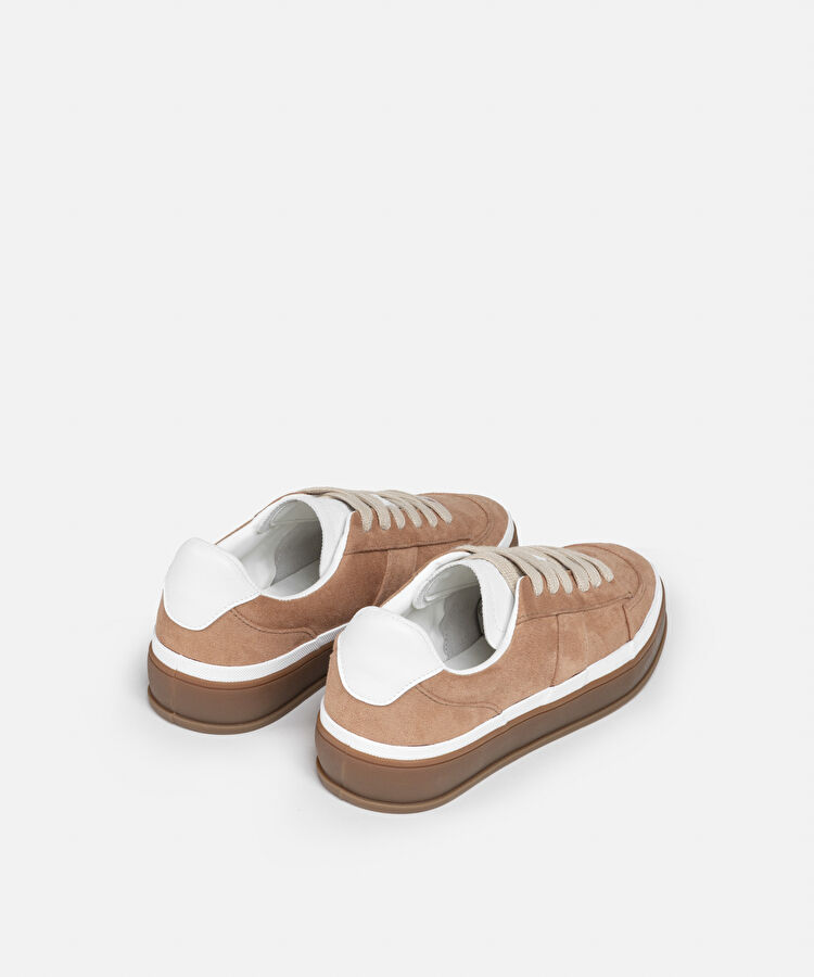 Kontrast dokulu bağcıklı sneaker - IS1250062009074 - Kahverengi Sneaker