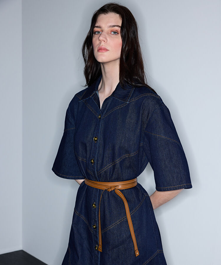 Kontrast kuşaklı denim elbise - IS1260002203015 - Lacivert Elbise