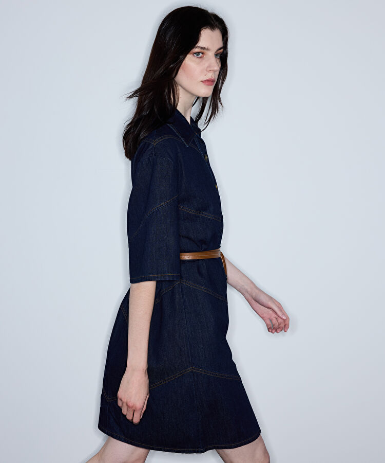 Kontrast kuşaklı denim elbise - IS1260002203015 - Lacivert Elbise