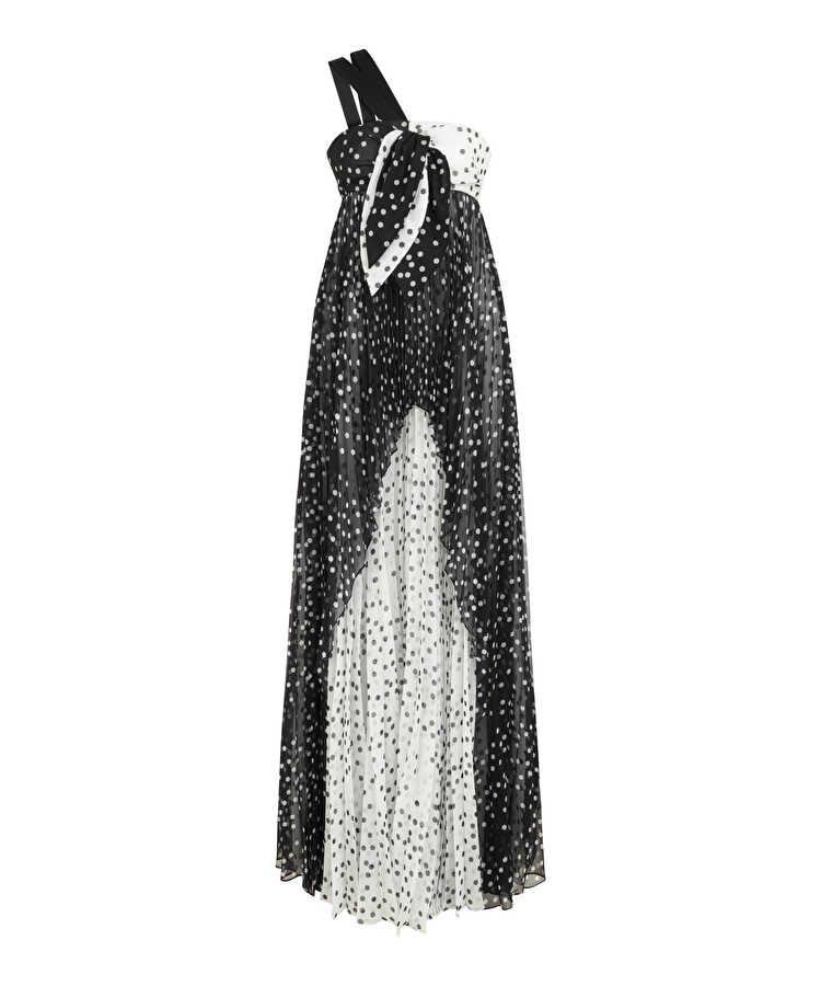 Puantiye desen colorblock elbise - IS1260002450001 - Siyah Elbise