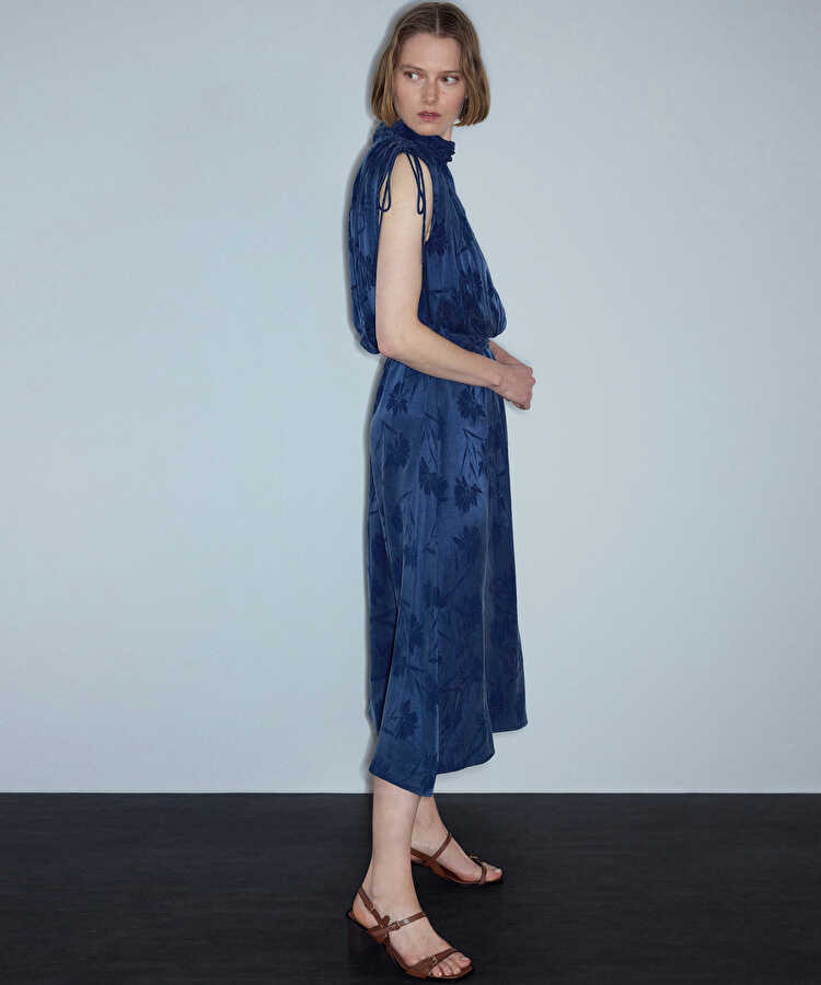 Floral jakarlı midi elbise - IS1260002623015 - Lacivert Elbise
