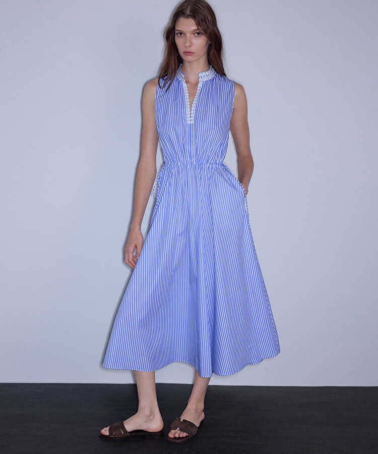 Çizgili poplin elbise - IS1260002691089 - Mavi Elbise
