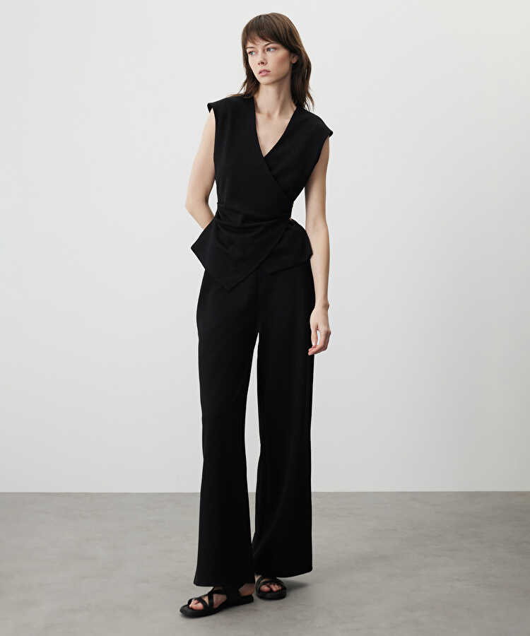Wide leg penye pantolon - IS1260003067001 - Siyah Pantolon