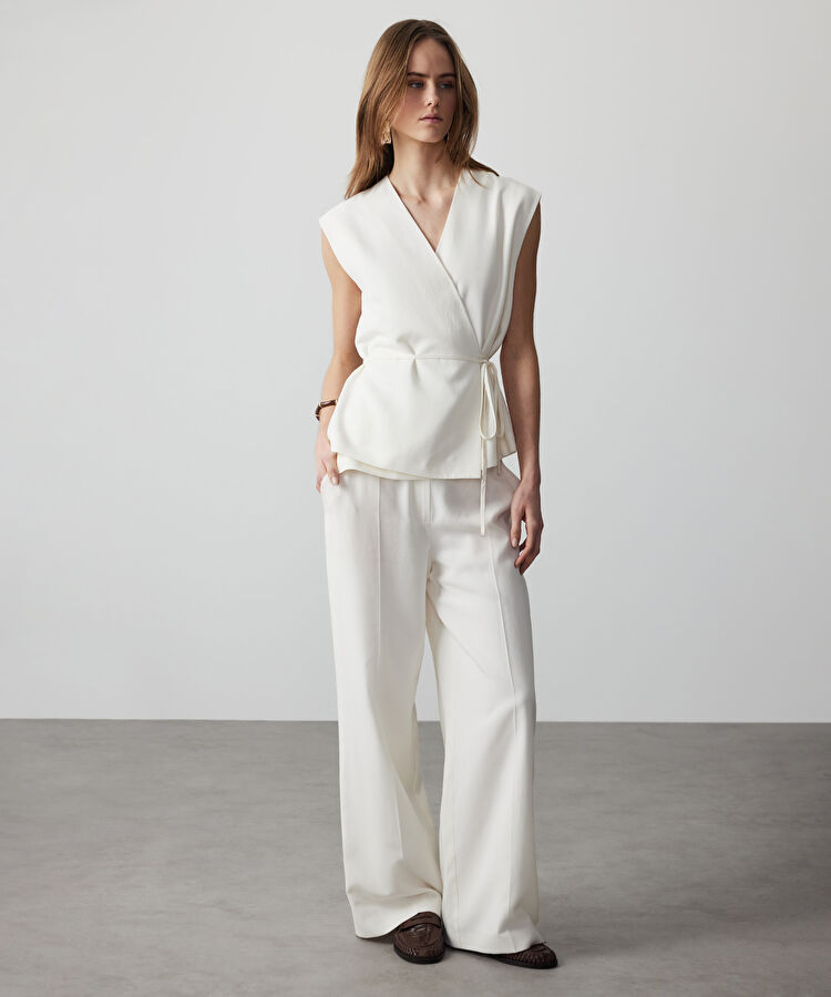 Cepli wide leg pantolon - IS1260003075018 - Ekru Pantolon