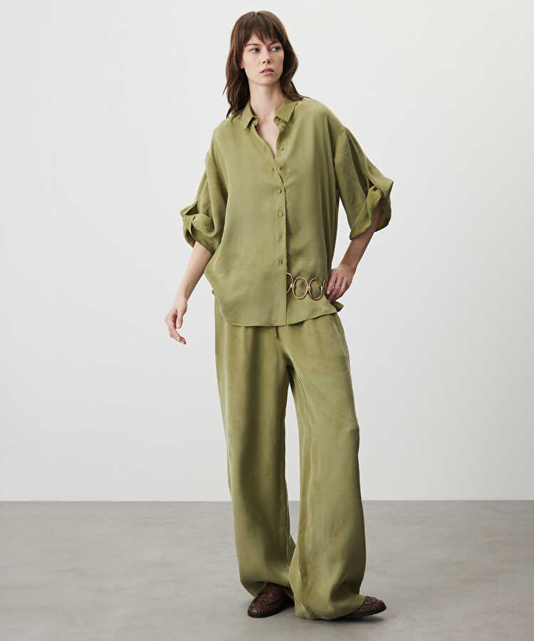 Elastik bel wide leg pantolon - IS1260003087070 - Yeşil Pantolon