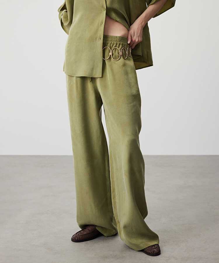 Elastik bel wide leg pantolon - IS1260003087070 - Yeşil Pantolon