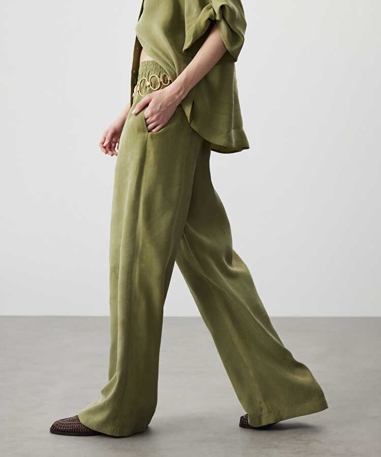 Elastik bel wide leg pantolon - IS1260003087070 - Yeşil Pantolon