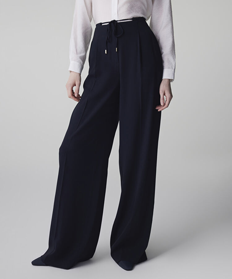 Belden bağlamalı wide leg fit pantolon - IS1260003096015 - Lacivert Pantolon