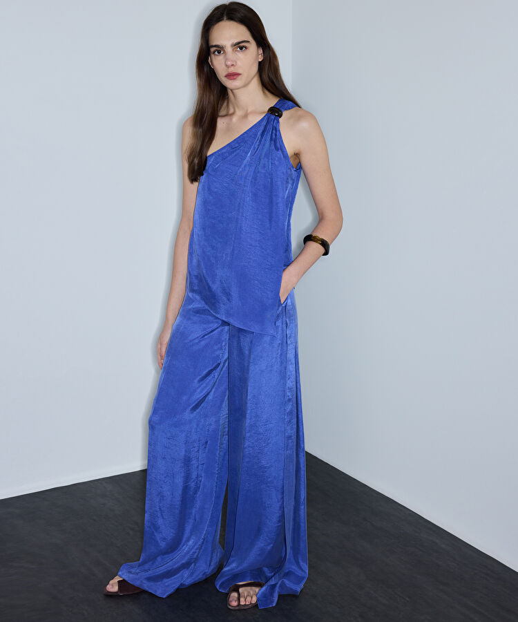 Yırtmaçlı wide leg pantolon - IS1260003172089 - Mavi Pantolon