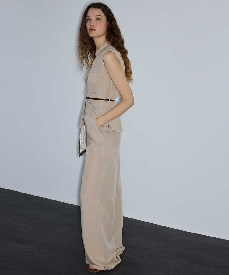 Keten içerikli wide leg pantolon - IS1260003192003 - Natürel Pantolon