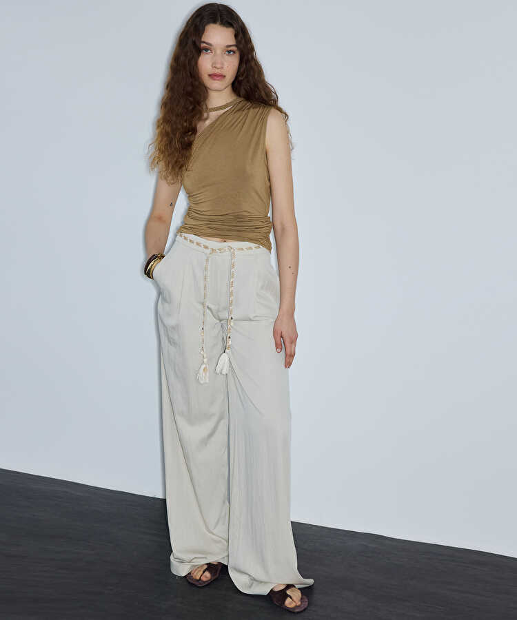 Püsküllü kuşaklı wide leg pantolon - IS1260003204030 - Taş Pantolon