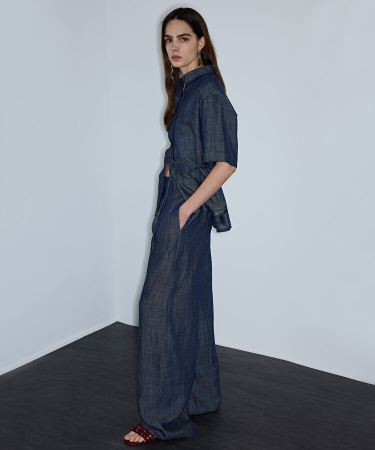 Denim görünümlü wide leg pantolon - IS1260003251015 - Lacivert Pantolon